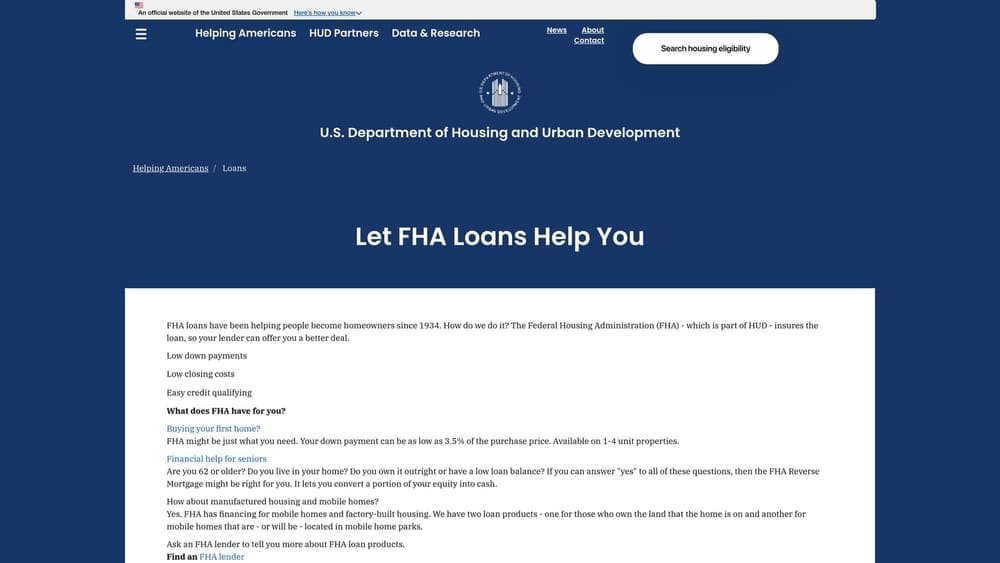 Screenshot of FHA Loan (Federal Housing Administration) website